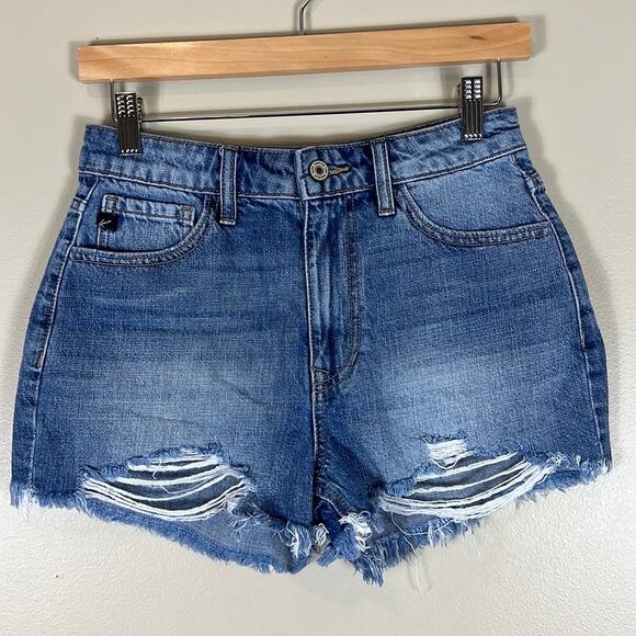 KanCan High Waisted Distressed Denim Shorts - Picture 1 of 4